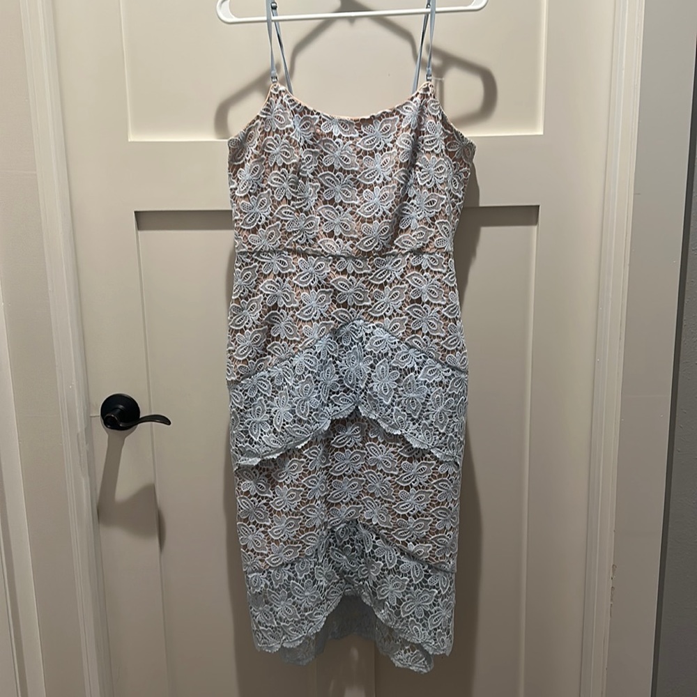 Light blue and tan lace midi dress
